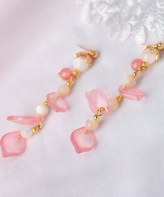 Fashion Pink Petal Crystal 14K Gold Drop Earrings