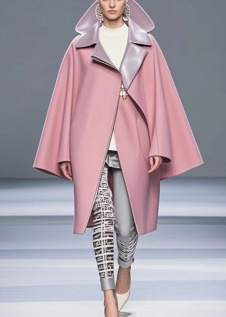 Fashion Pink Peter Pan Collar Zippered Woolen Trench Fall