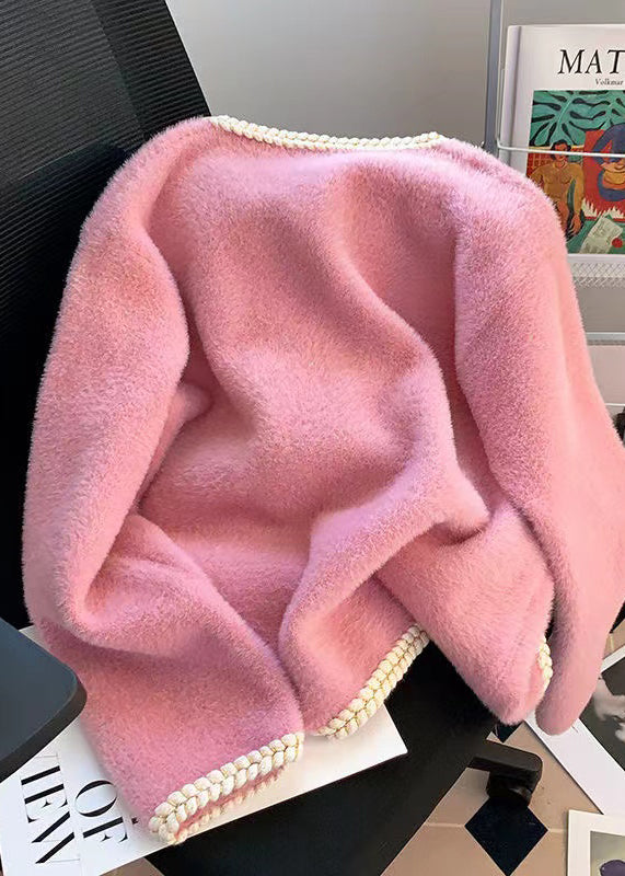 Fashion Pink Pockets Button Mink Hair Knitted Coat Fall