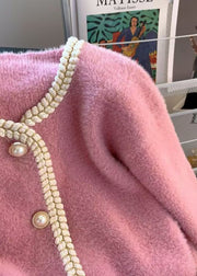 Fashion Pink Pockets Button Mink Hair Knitted Coat Fall