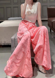 Fashion Pink Pockets Jacquard Silk High Waist Wide Leg Pants Fall