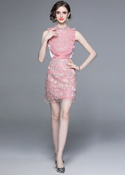 Fashion Pink Ruffled Embroidery Sequins Patchwork Silk Two Pieces Set Sleeveless