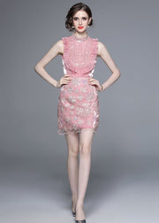 Fashion Pink Ruffled Embroidery Sequins Patchwork Silk Two Pieces Set Sleeveless