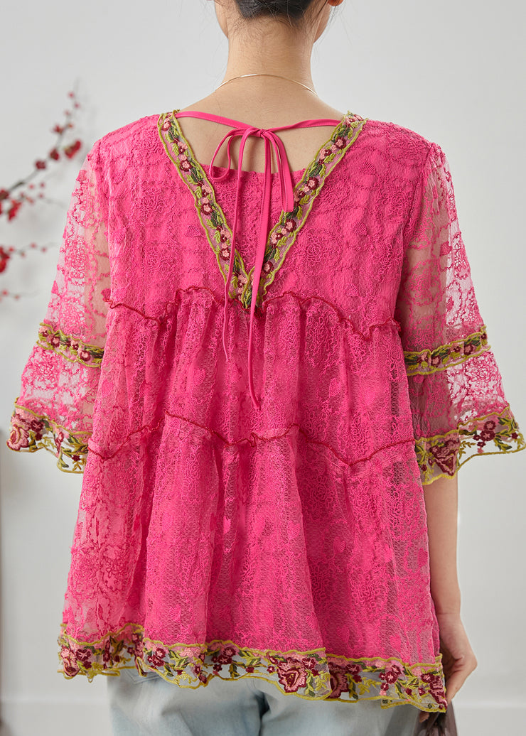 Fashion Pink Ruffled Lace A Line Shirt Tops Summer