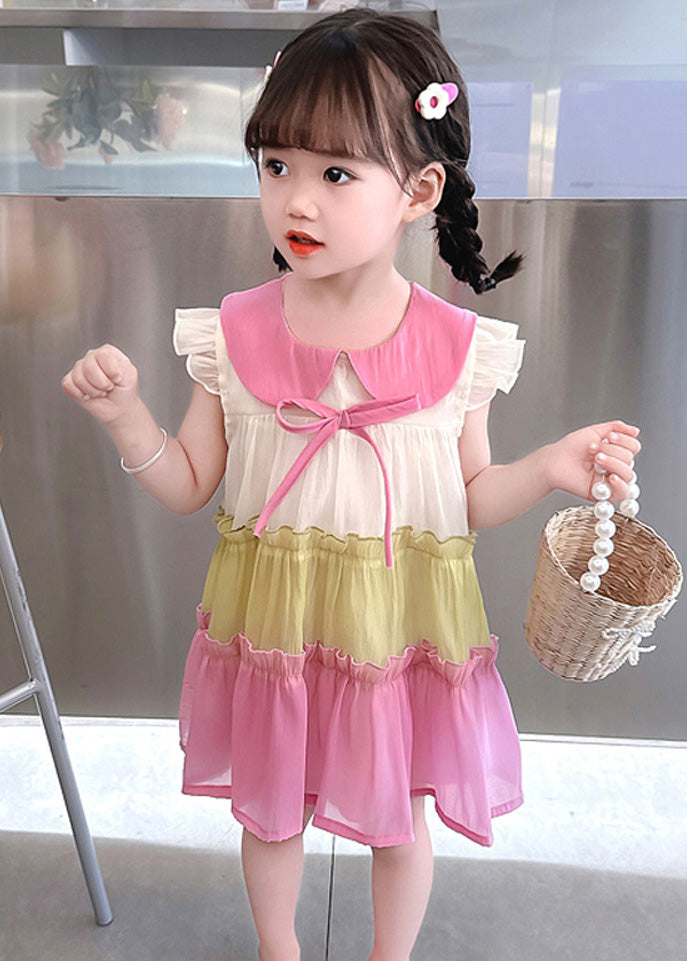 Fashion Pink Ruffled Patchwork Cotton Kids Vacation Mid Dress Sleeveless