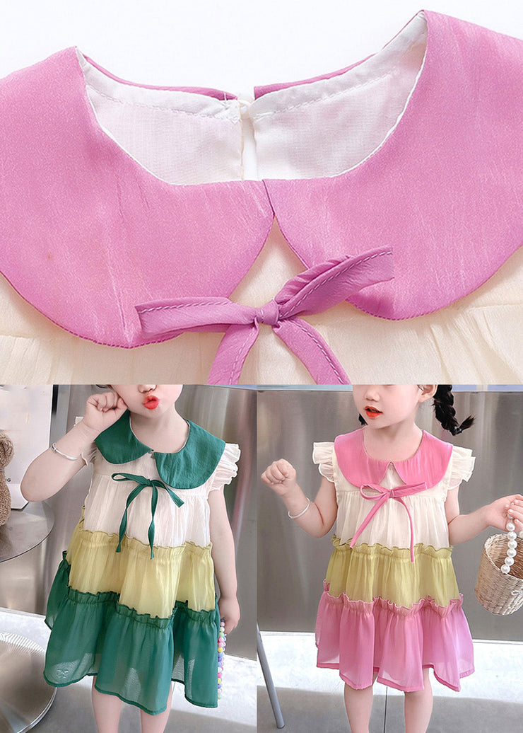 Fashion Pink Ruffled Patchwork Cotton Kids Vacation Mid Dress Sleeveless