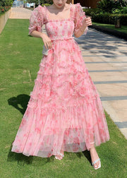 Fashion Pink Ruffled Patchwork Print Tulle Holiday Dress Summer