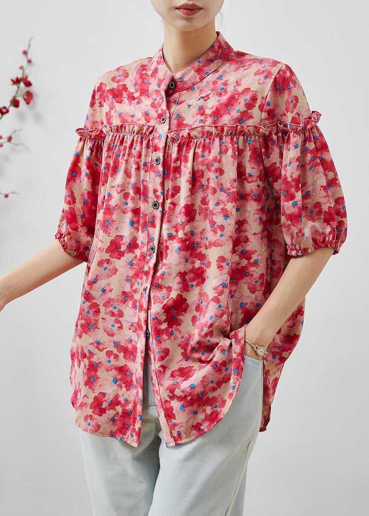 Fashion Pink Ruffled Print Chiffon Shirts Summer