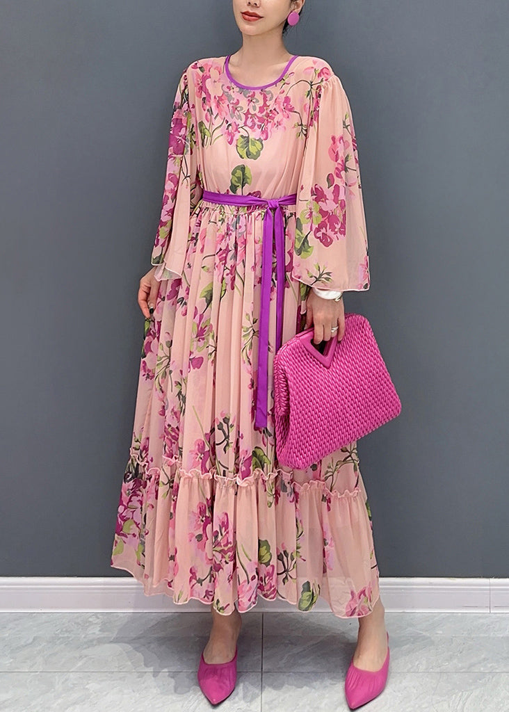 Fashion Pink Ruffled Print Tie Waist Chiffon Dress Flare Sleeve