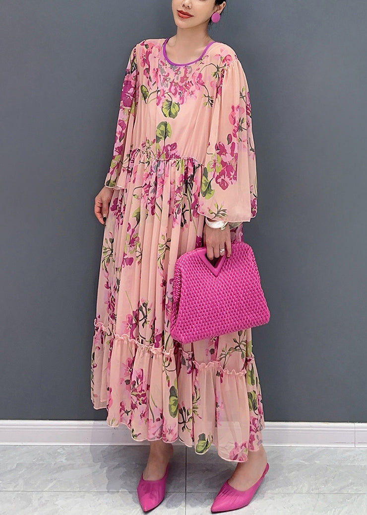 Fashion Pink Ruffled Print Tie Waist Chiffon Dress Flare Sleeve