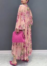 Fashion Pink Ruffled Print Tie Waist Chiffon Dress Flare Sleeve