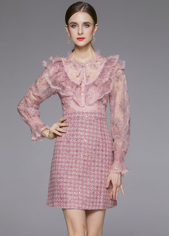 Fashion Pink Sequins Embroideried Patchwork Ruffles Dress Fall