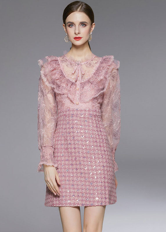 Fashion Pink Sequins Embroideried Patchwork Ruffles Dress Fall