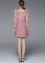 Fashion Pink Sequins Embroideried Patchwork Ruffles Dress Fall