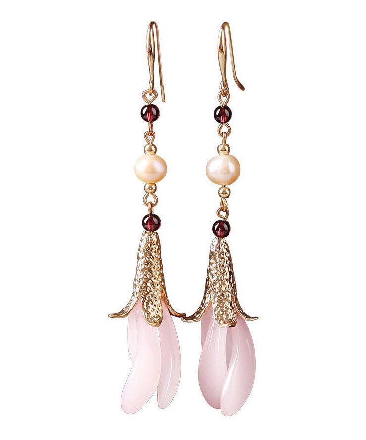 Fashion Pink Sterling Silver Peatl Coloured Glazes Floral Drop Earrings