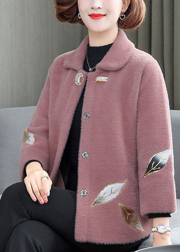 Fashion Pink Turn-down Collar Embroideried Thick Mink Hair Velvet Coats Winter