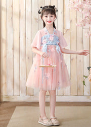 Fashion Pink V Neck Embroideried Layered Tulle Kids Mid Dress Short Sleeve