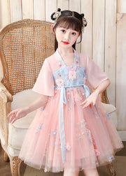 Fashion Pink V Neck Embroideried Layered Tulle Kids Mid Dress Short Sleeve