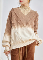 Fashion Pink V Neck Gradient Tasseled Knit Sweater Top Spring