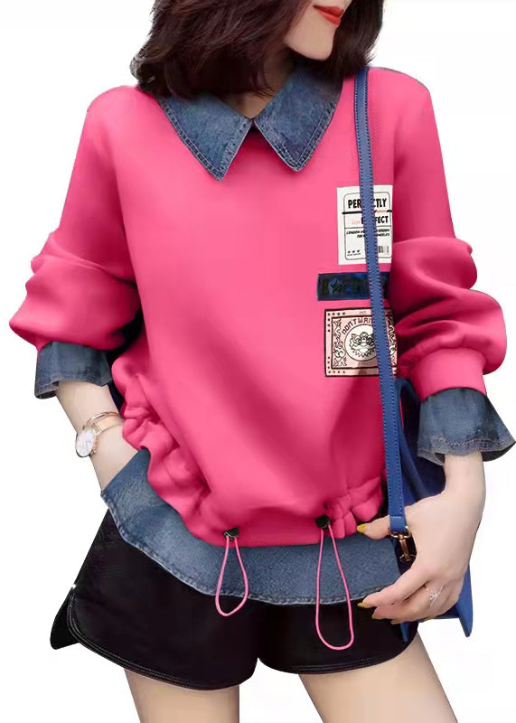 Fashion Pink drawstring Peter Pan Collar denim Patchwork Sweatshirts Top Spring