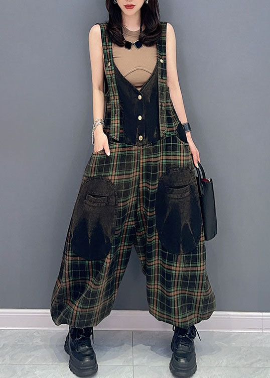 Fashion Plaid Pockets Patchwork Cotton Jumpsuits Summer