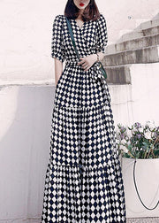 Fashion Plaid V Neck High Waist Patchwork Cotton Long Dresses Summer