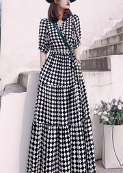 Fashion Plaid V Neck High Waist Patchwork Cotton Long Dresses Summer