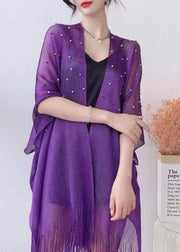 Fashion Purple Nail Bead Tassel Patchwork Tulle Cape Fall