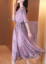 Fashion Purple O-Neck Print Chiffon Maxi Dresses Summer