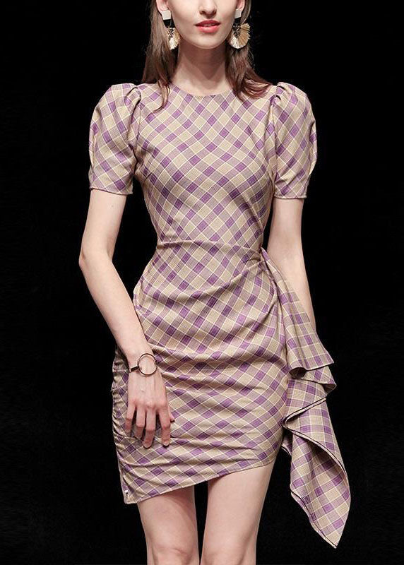 Fashion Purple Plaid O Neck Cotton Slim Fit Dress Summer