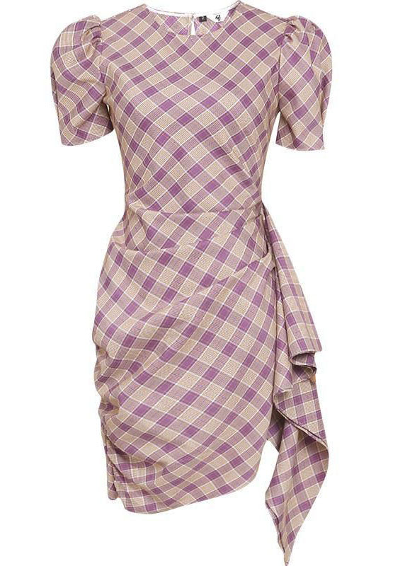 Fashion Purple Plaid O Neck Cotton Slim Fit Dress Summer