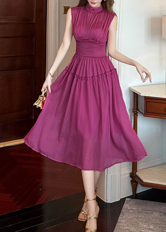 Fashion Purple Stand Collar High Waist Chiffon Holiday Maxi Dress Sleeveless