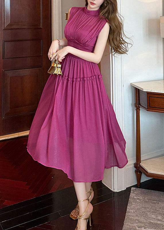 Fashion Purple Stand Collar High Waist Chiffon Holiday Maxi Dress Sleeveless