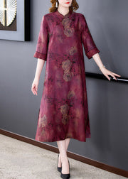 Fashion Purple Stand Collar Print Button Side Open Silk Long Dresses Summer