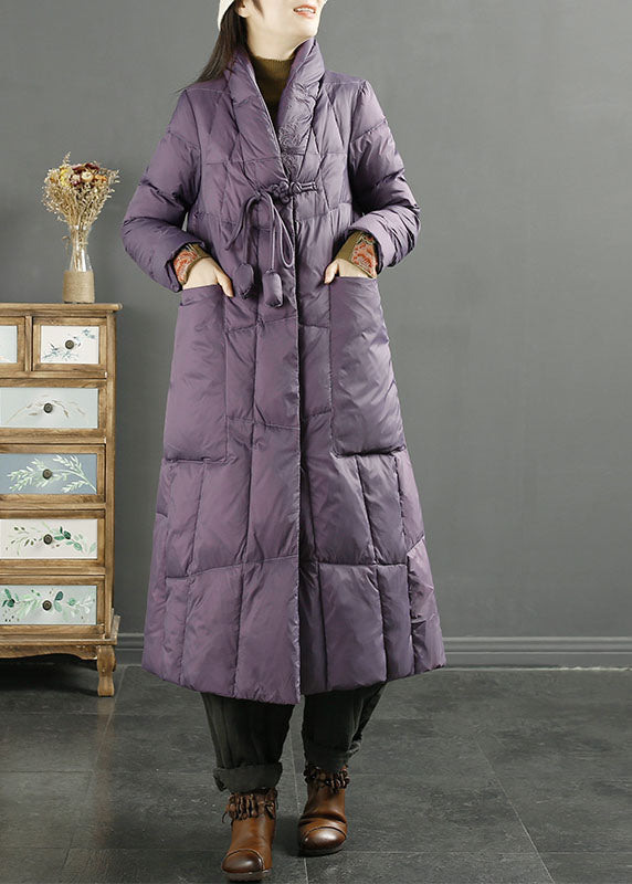 Fashion Purple Stand CollarEmbroidered Tassel Pockets Duck Down Down Coat Long Sleeve