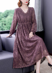 Fashion Purple V Neck Cinched Lace Holiday Dress Spring