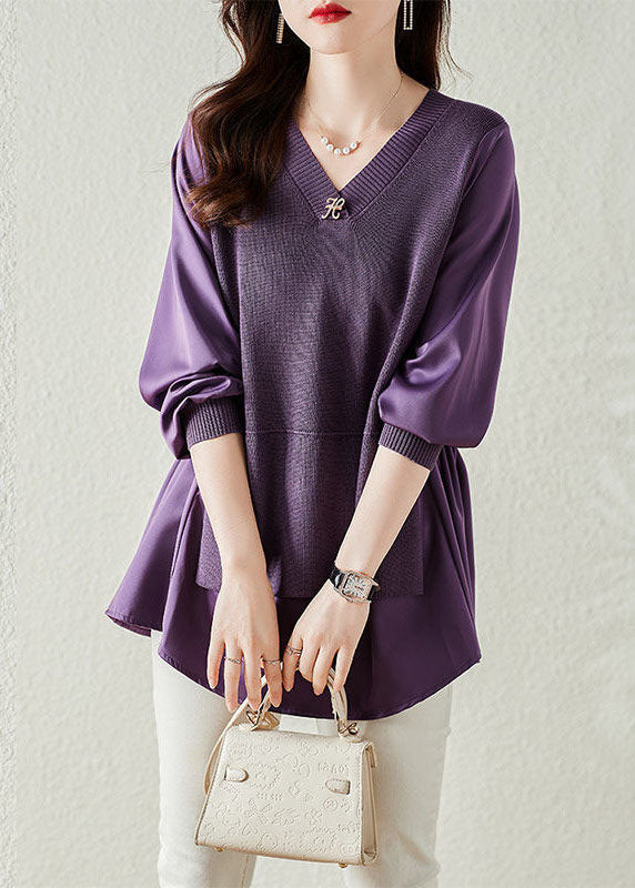 Fashion Purple V Neck Patchwork Knit Fake Two Piece Top Long Sleeve