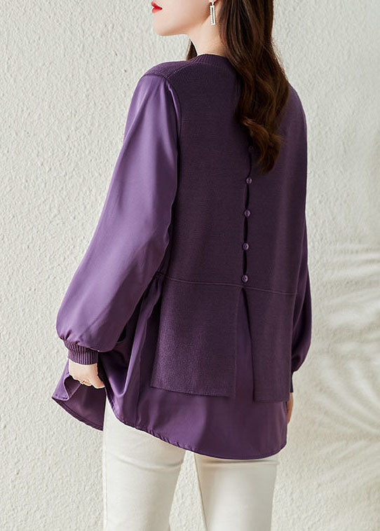 Fashion Purple V Neck Patchwork Knit Fake Two Piece Top Long Sleeve