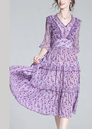 Fashion Purple V Neck Print Wrinkled Button Silk Long Dress Half Sleeve