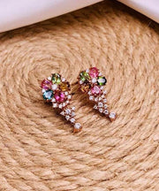 Fashion Rainbow Sterling Silver Overgild Zircon Crystal Floral Stud Earrings