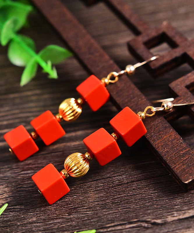 Fashion Red 14K Gold Cinnabar Candy Drop Earrings