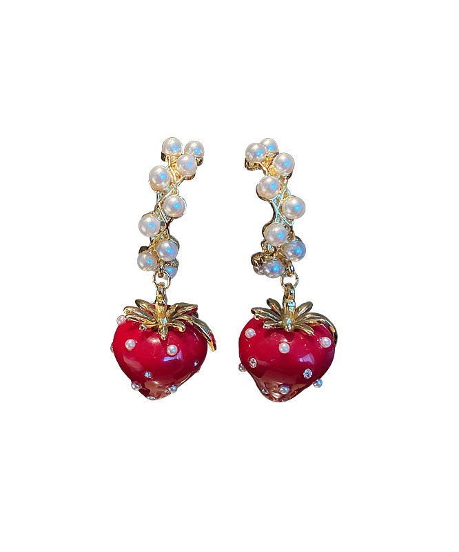 Fashion Red Alloy Zircon Jade Strawberry Drop Earrings