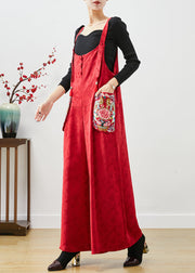 Fashion Red Embroidered Pockets Silk Jumpsuit Fall