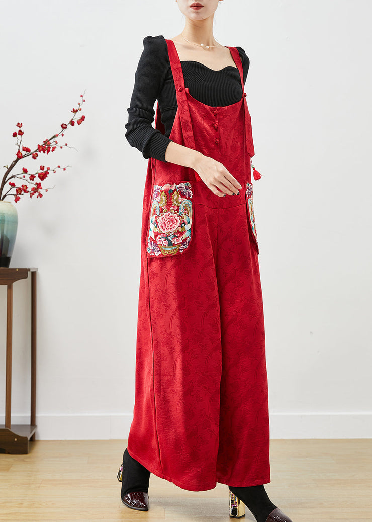 Fashion Red Embroidered Pockets Silk Jumpsuit Fall