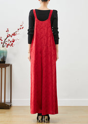 Fashion Red Embroidered Pockets Silk Jumpsuit Fall