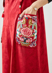 Fashion Red Embroidered Pockets Silk Jumpsuit Fall