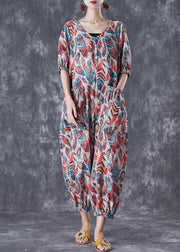 Fashion Red Feather Print Pockets Linen Jumpsuit Summer