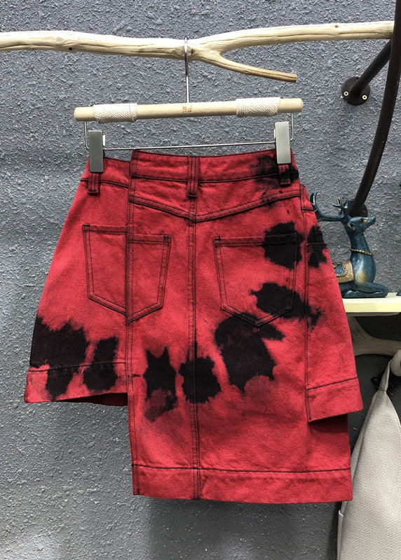 Fashion Red High Waist Patchwork Button Asymmetrical Denim Skirt Summer