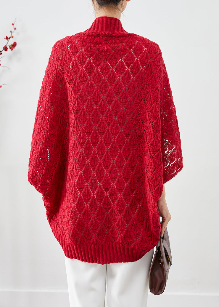 Fashion Red Oversized Hollow Out Knit Cardigan Fall