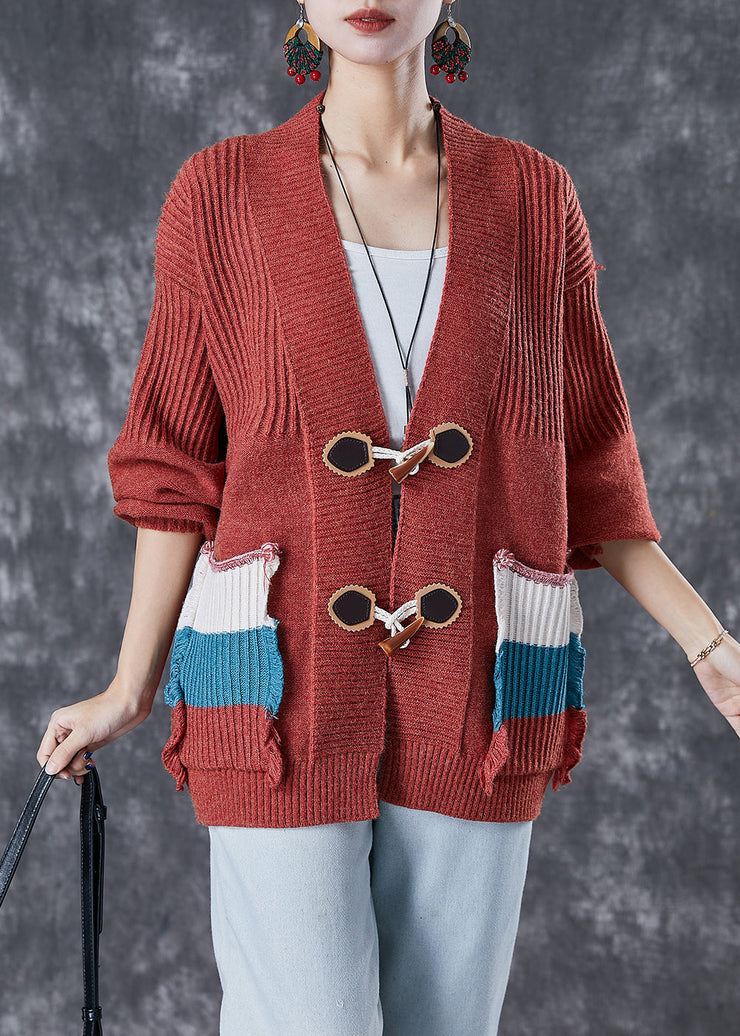 Fashion Red Oversized Patchwork Pockets Knit Cardigan Fall